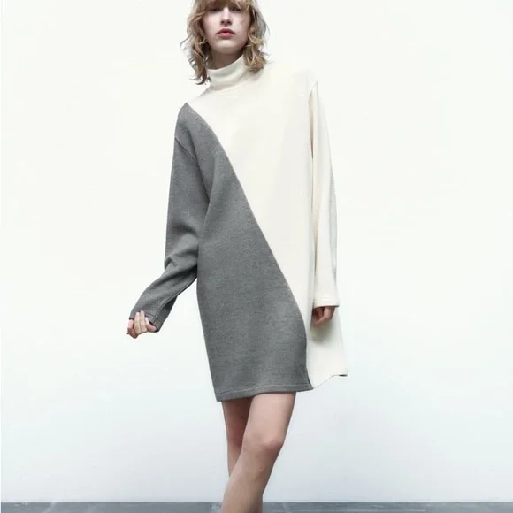 zara knit dress grey knee length dresses for ladies Zara Red Orange Rib Knit V-neck Long Sleeve Collar Mini